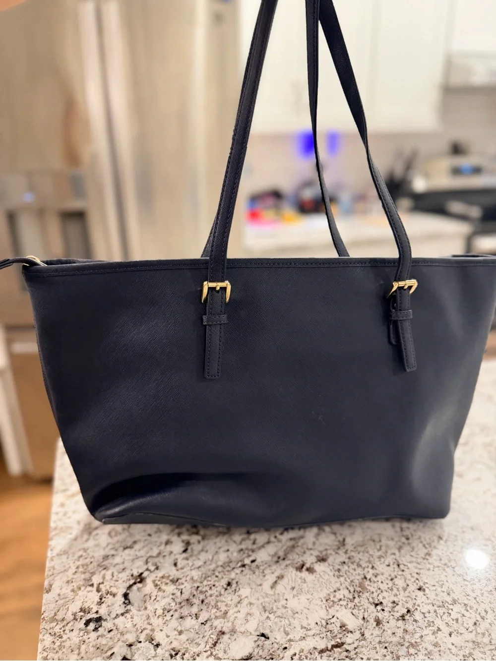 Michael Kors Navy Leather Tote with Gold MK Charm